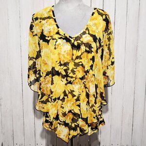 Adele & May Top Black Yellow Floral Flowy Boho Festival Retro Artsy Statement